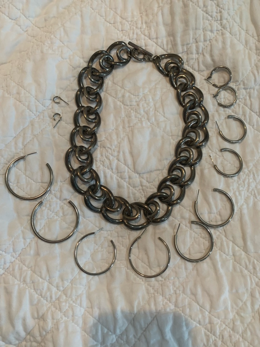 Chunky Gunmetal Chain Necklace with Matching Hoops